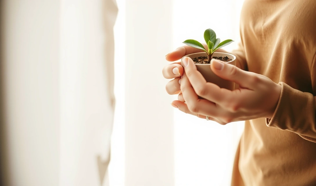 A serene image of hands gently holding a small potted plant, symbolizing care, growth, and natural wellness. The background is softly blurred.