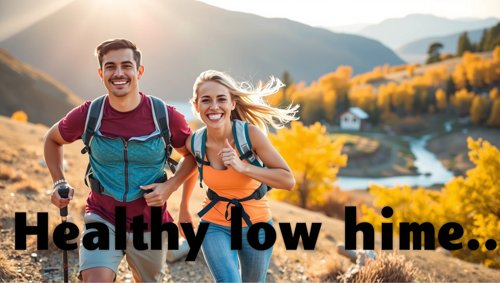 Active, healthy couple hiking in a vibrant natural landscape, smiling and full of energy.
