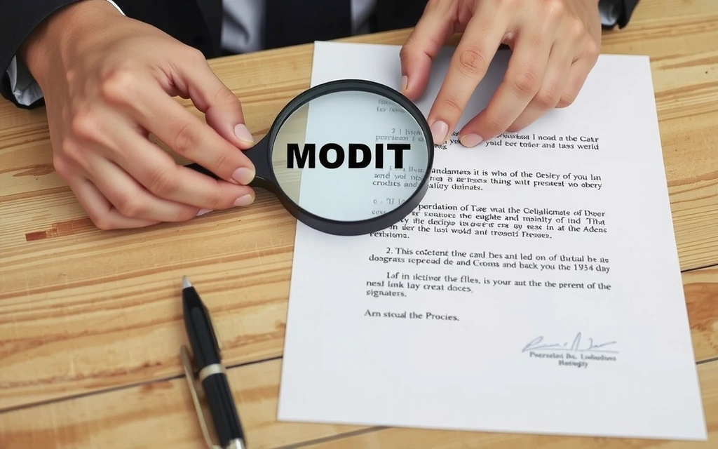 A person looking at a legal document with a magnifying glass, symbolizing review and modification